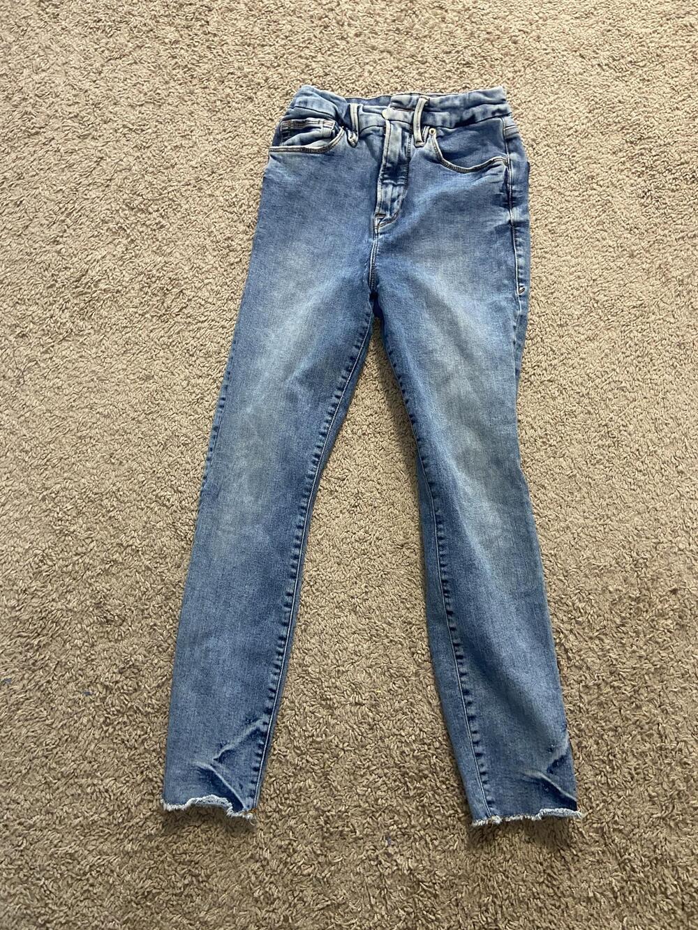 Good American Jeans Womens 4/27 Blue Medium Wash Skinny Distressed Raw Hem